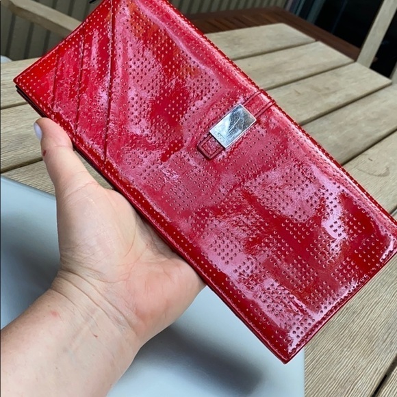 Lodis Red Patent Leather Laser Clutch Bag Wristlet